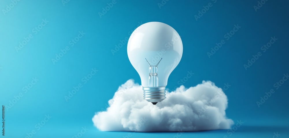 Poster bright idea lightbulb in a fluffy cloud.