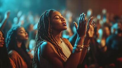 Woman with long braids prays with hands raised in a crowded room. Illustrates faith, worship, and spiritual devotion in a community setting.