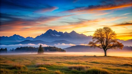 Serene Sunrise Over Misty Meadow with Solitary Tree and Majestic Mountains in the Background