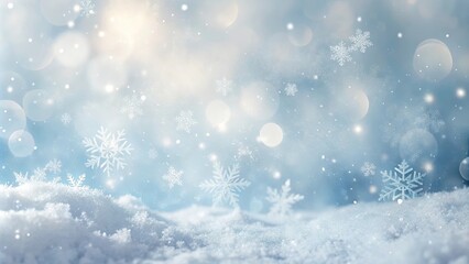Naklejka premium Serene Winter Wonderland Scene Snow-Covered Ground with Falling Snowflakes and Soft Bokeh Lights