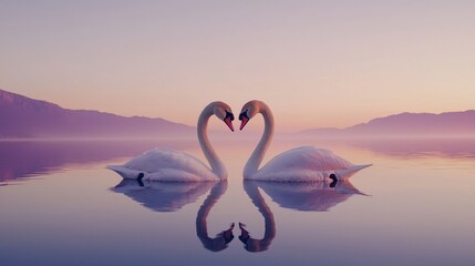 Fototapeta premium Two swans on a calm lake, their necks curved gracefully to form a heart silhouette, reflecting on the water under the soft pink hues of dawn 