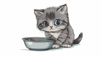 Cute cat near feeding bowl isolated on white background. Aurulent. Illustration