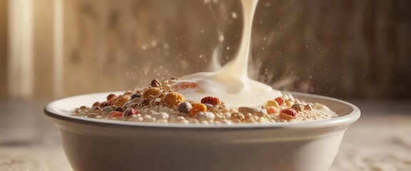 Steam rising from the surface of a steaming hot milk as it touches a bowl of cold cereal, bowl of cereal, contrast colors, kitchen utensils