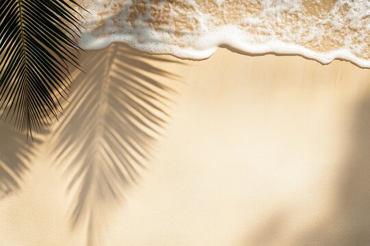 Palm shadow on sandy beach with ocean wave.