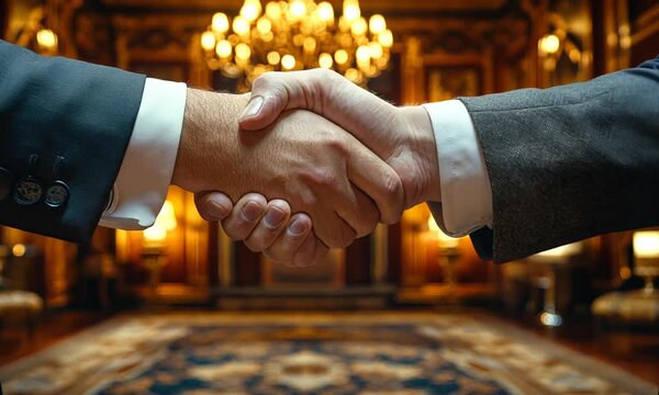 A close-up of two hands shaking, symbolizing agreement or partnership in a formal setting.