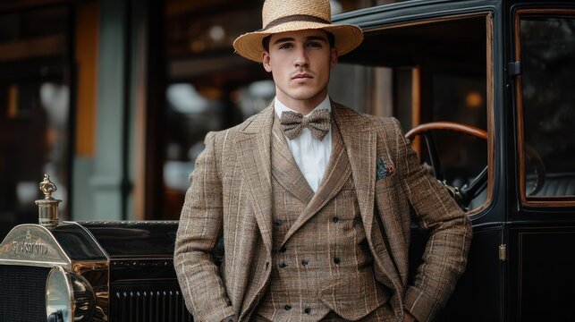 A man in a 1920s vintage tri-layer suit, a straw hat and bow tie, standing in front of a black antique car