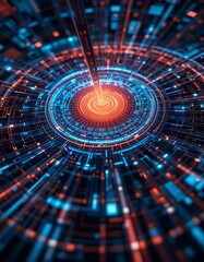 Digital rings radiating around a central glowing data point