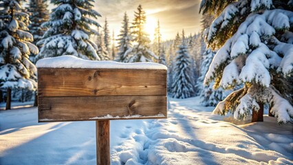 Blank Wooden Signpost in a Snowy Winter Forest at Sunrise