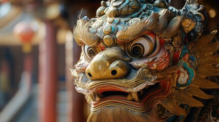 Obraz premium Close-up of a traditional lion head used in dance, intricate designs and vibrant colors, symbolic of courage and prosperity, festive setting