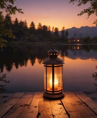 Warm glow of a lantern on a rustic wooden dock overlooking a lake, lake, peaceful, solitude