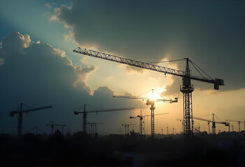 Construction cranes silhouette against dramatic sky with clouds and sunlight. scene captures essence of urban development and industrial growth