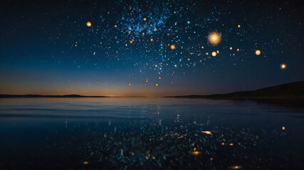 Naklejka premium This mesmerizing image features glowing orbs floating on a calm water surface under a dark, starry night.