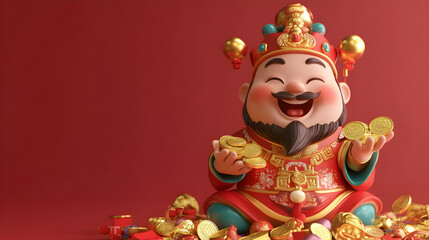Obraz premium Happy cartoon figure of Chinese God of Wealth surrounded by coins