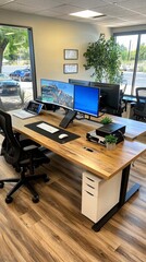 Modern Office Workspace with Large Desk and Dual Monitors.