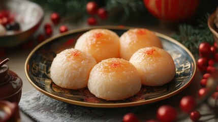 Steamed rice cake (nian gao) on a decorative plate, golden color, symbolizing growth and prosperity, surrounded by red New Year decorations