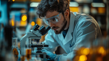 A focused scientist meticulously examines a sample under a microscope.