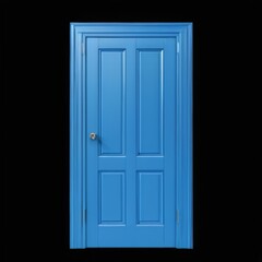 Blue 3D Rendered Door with Grid Pattern Panels, Silver Handle, Small Window, Standing Out Against Black Background