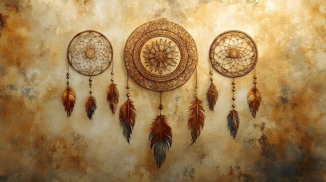 Artistic boho background featuring mandalas and dreamcatchers with fine-line detailing, natural textures, and neutral color palettes, calm and sophisticated vibe