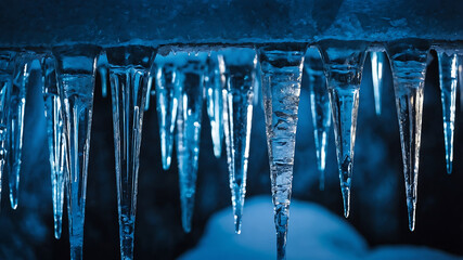 A close-up of glowing icicles showcasing intricate textures and stunning blue light reflections. The frozen water formations hang sharply and shimmer against a frosty background.
