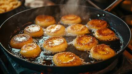 Fried year cake sizzling in pan, creating delicious golden crust