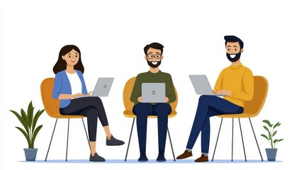 Fototapeta premium Diverse Team Collaboration Laptop Computers | Flat Design