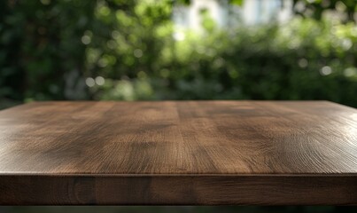 Empty dark brown wooden table against blurred green garden background.