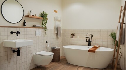 Fototapeta premium Modern Bathroom with Freestanding Tub and Wooden Accents, bathroom interior,bathroom interior with shower,bathroom interior with bathtub and shower