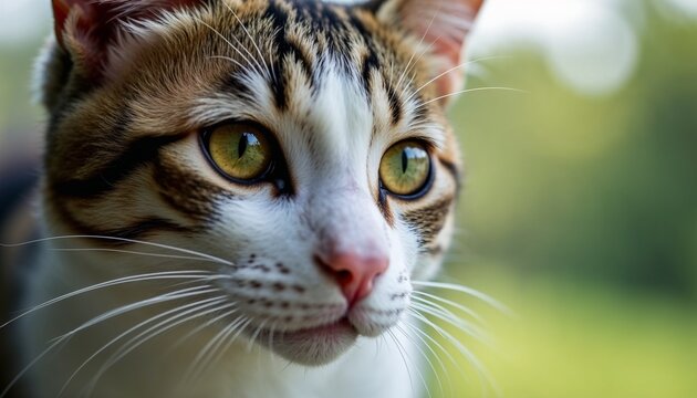 Close-up portrait of a curious calico cat with bright eyes looking outside