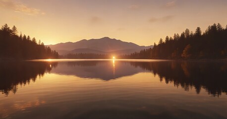 Obraz premium A shimmering golden background gradient with metallic light reflections on a serene lake at dusk, serenity, golden