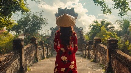 A woman in a red ao dai embroidered with lotus and leaves, wearing a bamboo hat, stands in front of an ancient Vietnamese monument