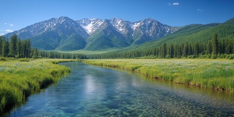 Stunning Mountain Landscape with Clear River and Lush Forest in Pristine Alpine Valley Under Clear Blue Sky for Nature Travel and Outdoor Adventure Inspiration