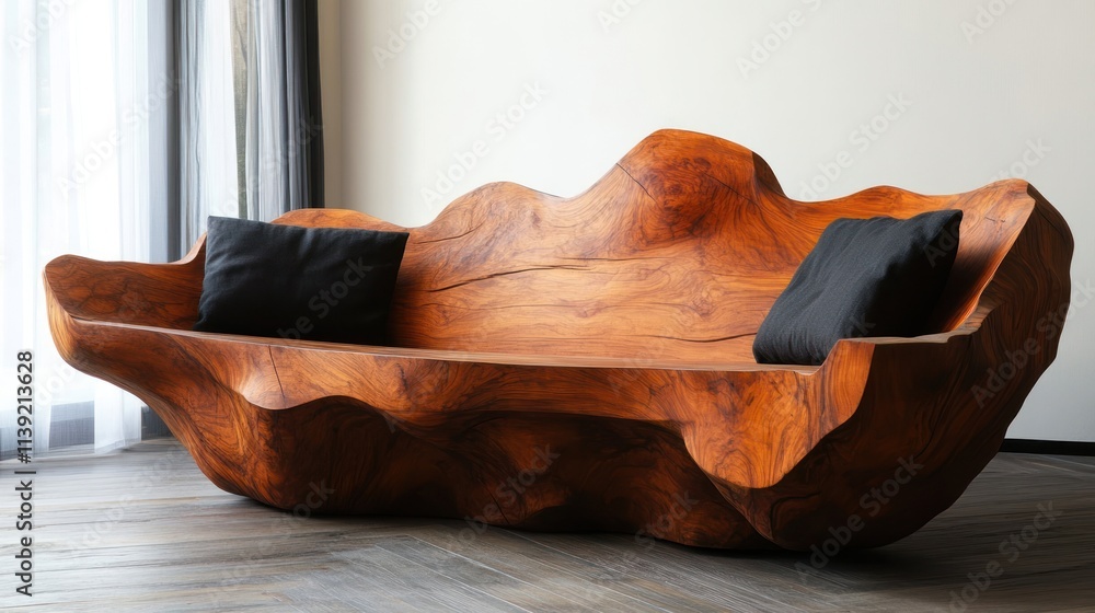 Wall mural Carved wood sofa with cushions in modern interior.