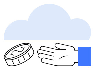 Coin floating above an open hand with a blue sleeve and a light blue cloud in the background. Ideal for finance, online money, cloud storage, digital currency, investment, technology, and business