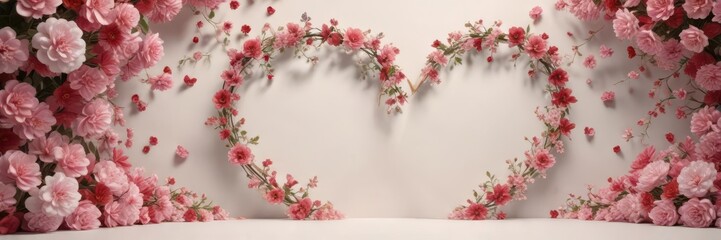 Obraz premium Elegant heart framed by blooming flowers on paper backdrop, floral, invitation, stylish