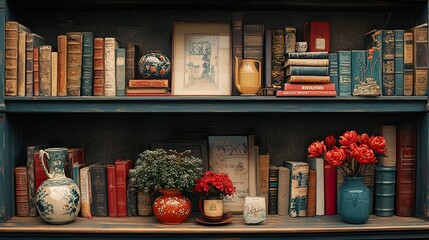 Vintage Bookshelf with Red Tulips: A Cozy Reading Nook