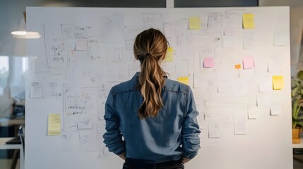 A young professional brainstorming goals on a large whiteboard in a creative workspace