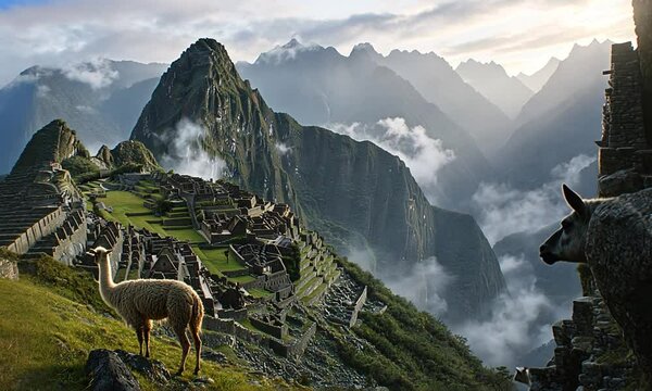 Llama at Machu Picchu overlooking misty Andean mountains at sunrise.