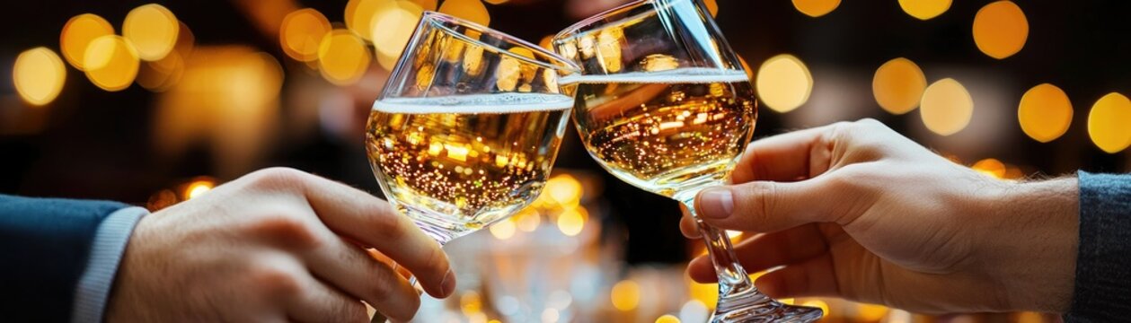Two glasses of sparkling wine clink together in celebration, surrounded by a warm, glowing ambiance of lights.