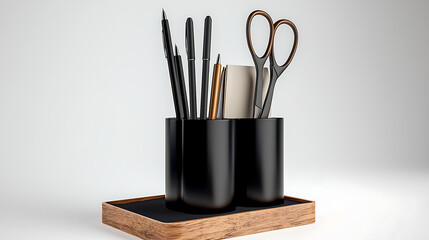 A black desk organizer with pens, pencils, and scissors