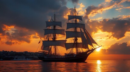 Fototapeta premium Majestic Sailing Ship at Sunset: A Serene Ocean Voyage