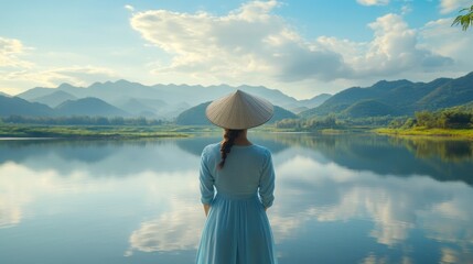 A woman in a light blue ao dai dress and a bamboo hat stands by a riverside reflecting the mountains and nature.