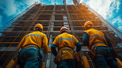A team of dedicated construction workers discussing towards a shared goal against a backdrop of a rising skyscraper.