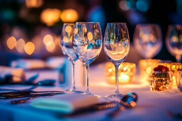 Elegant dinner table setting with wine glasses and candles.