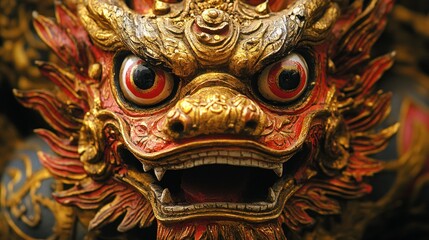 Fototapeta premium Close-up of a dragon head used in a traditional dance, intricate gold and red details, bright eyes, symbolizing strength and good fortune