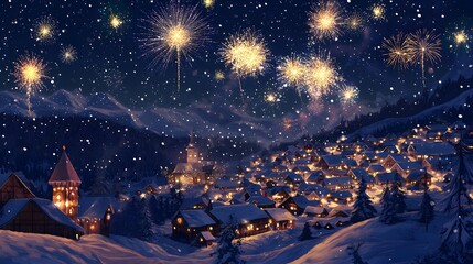 Fototapeta premium A fireworks display above a snowy town, welcoming the New Year in festive colors