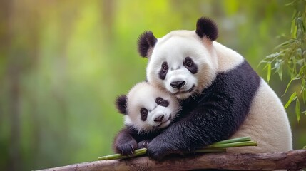 Obraz premium Two pandas sitting close together, sharing a piece of bamboo and leaning against each other in a heartwarming, affectionate pose