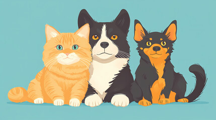 Fototapeta premium Adorable cats and dog sitting together. Aurulent. Illustration