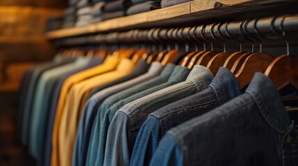 Fototapeta premium Men's Fashion: Denim Shirts on Display in a Clothing Store