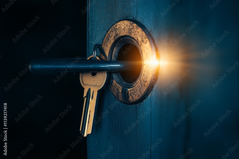 Poster key inserted in keyhole, glowing light.