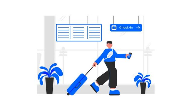 A man in the airport animation. A man with suitcase holding ticket and passport in the airport. Travelling and airport flat illustration concept
